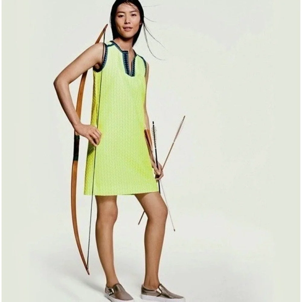 J. Crew Neon Yellow Shift Dress with Navy Trim